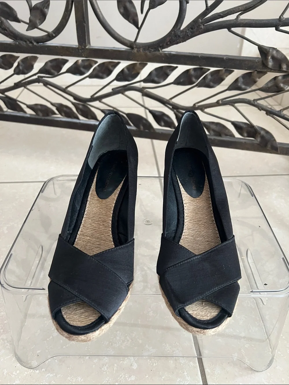 Adrienne Vittadini Black Espadrille Wedge Peep-Toe Heels